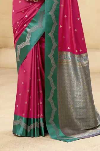 magenta satin silk blend woven saree with unstitched blouse piece