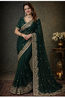 Green Color Beautiful Embroidery detailling Satin Silk Saree 2