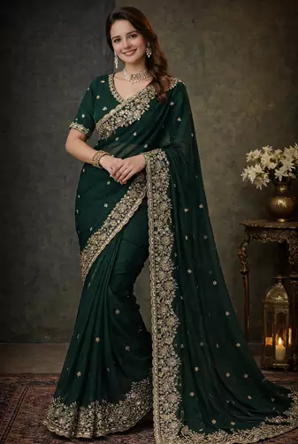 Green Color Beautiful Embroidery detailling Satin Silk Saree
