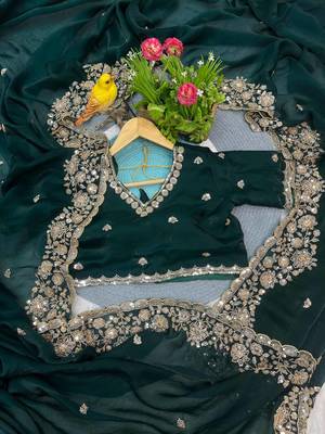 Green Color Beautiful Embroidery detailling Satin Silk Saree 3