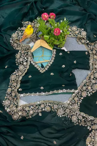 Green Color Beautiful Embroidery detailling Satin Silk Saree