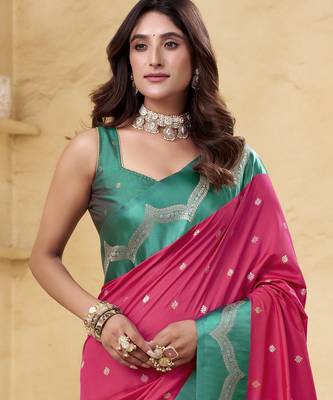 magenta satin silk blend woven saree with unstitched blouse piece 4