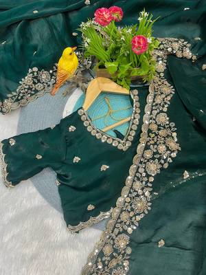 Green Color Beautiful Embroidery detailling Satin Silk Saree 4