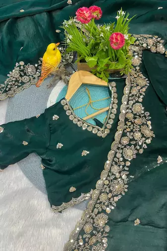 Green Color Beautiful Embroidery detailling Satin Silk Saree