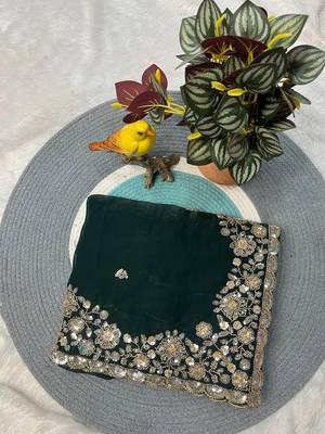 Green Color Beautiful Embroidery detailling Satin Silk Saree 5