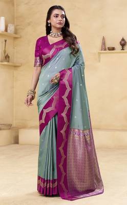grey satin silk blend woven saree with unstitched blouse piece 1