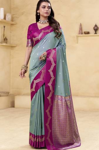grey satin silk blend woven saree with unstitched blouse piece