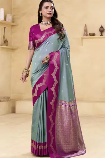 grey satin silk blend woven saree with unstitched blouse piece