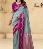 grey satin silk blend woven saree with unstitched blouse piece