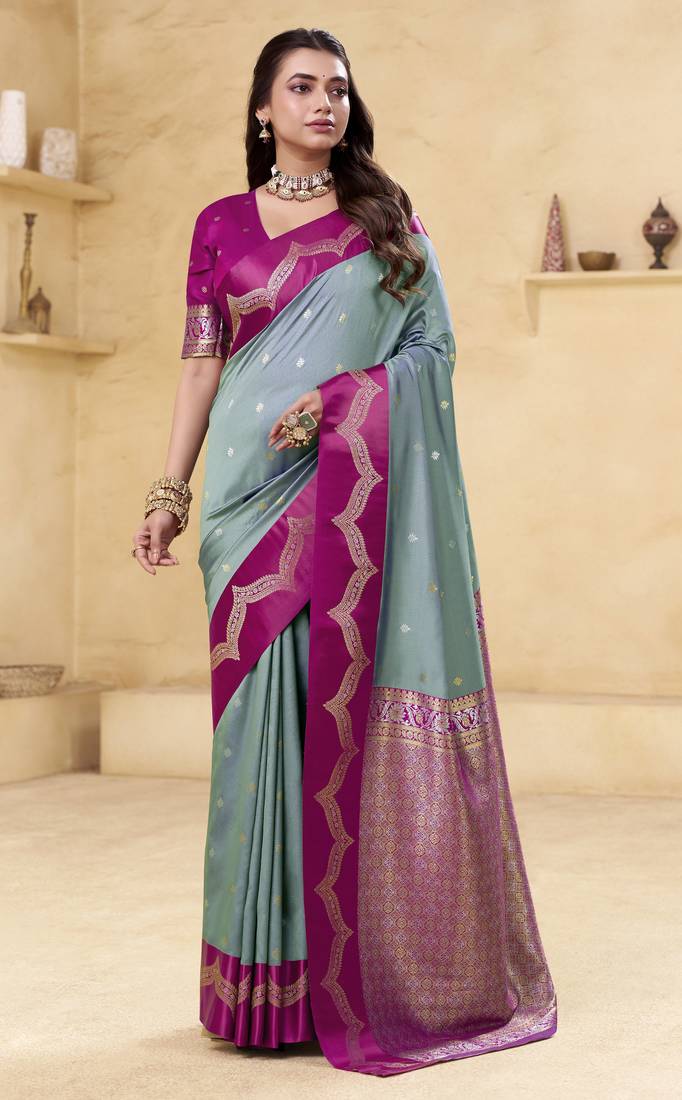 grey satin silk blend woven saree with unstitched blouse piece