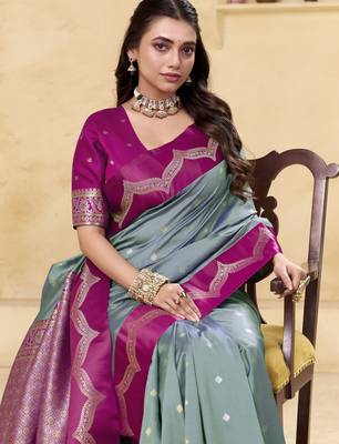 grey satin silk blend woven saree with unstitched blouse piece 2