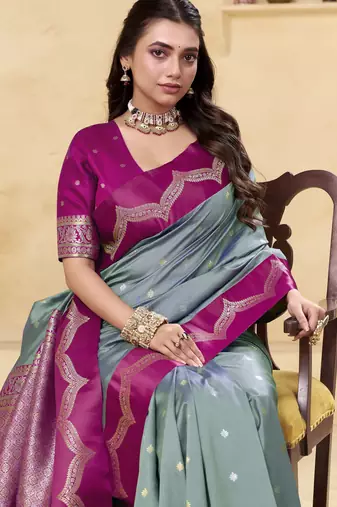 grey satin silk blend woven saree with unstitched blouse piece