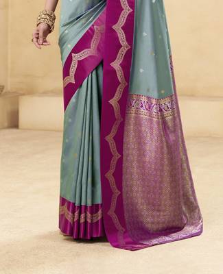 grey satin silk blend woven saree with unstitched blouse piece 3