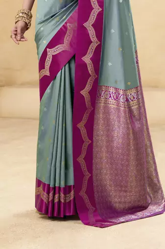 grey satin silk blend woven saree with unstitched blouse piece