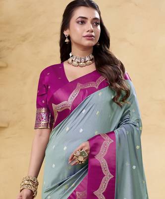 grey satin silk blend woven saree with unstitched blouse piece 4