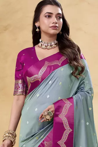 grey satin silk blend woven saree with unstitched blouse piece