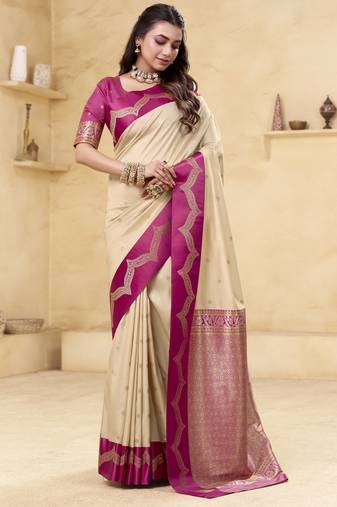 beige satin silk blend woven saree with unstitched blouse piece