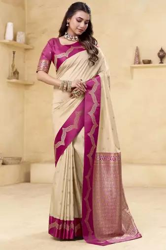 beige satin silk blend woven saree with unstitched blouse piece