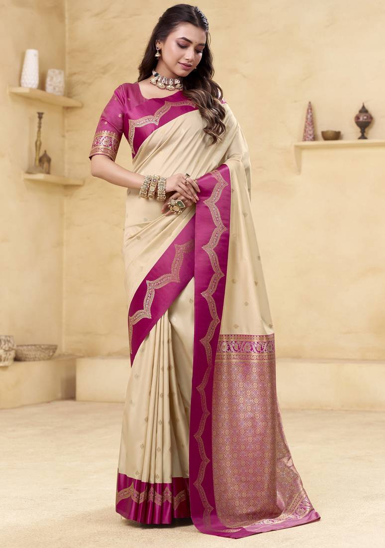 beige satin silk blend woven saree with unstitched blouse piece