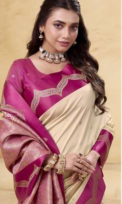 beige satin silk blend woven saree with unstitched blouse piece 2