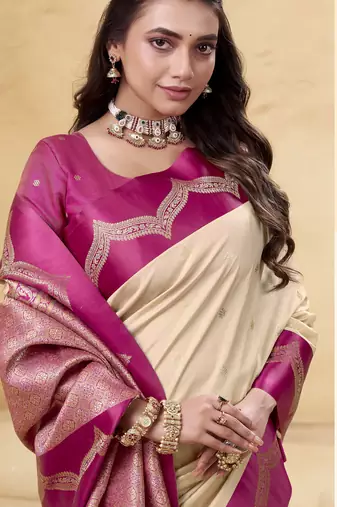 beige satin silk blend woven saree with unstitched blouse piece