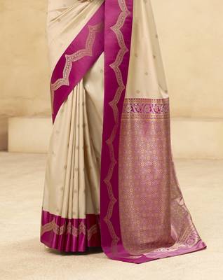 beige satin silk blend woven saree with unstitched blouse piece 3