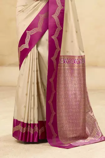 beige satin silk blend woven saree with unstitched blouse piece