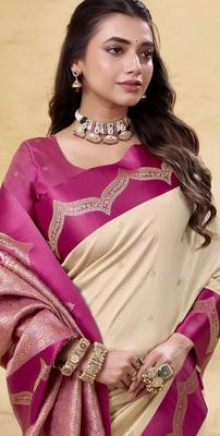 beige satin silk blend woven saree with unstitched blouse piece 4