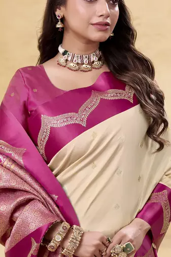 beige satin silk blend woven saree with unstitched blouse piece