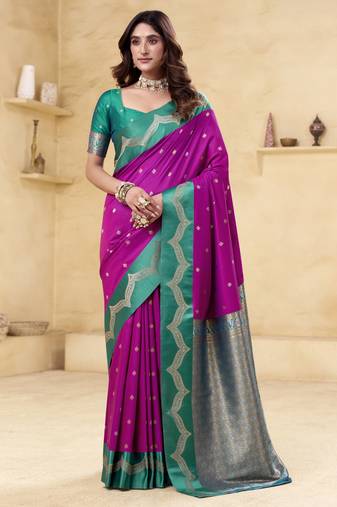 purple satin silk blend woven saree with unstitched blouse piece