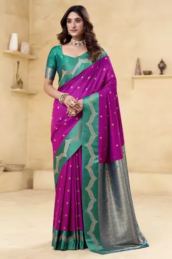 purple satin silk blend woven saree with unstitched blouse piece