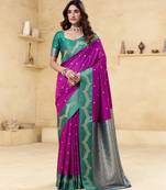 purple satin silk blend woven saree with unstitched blouse piece