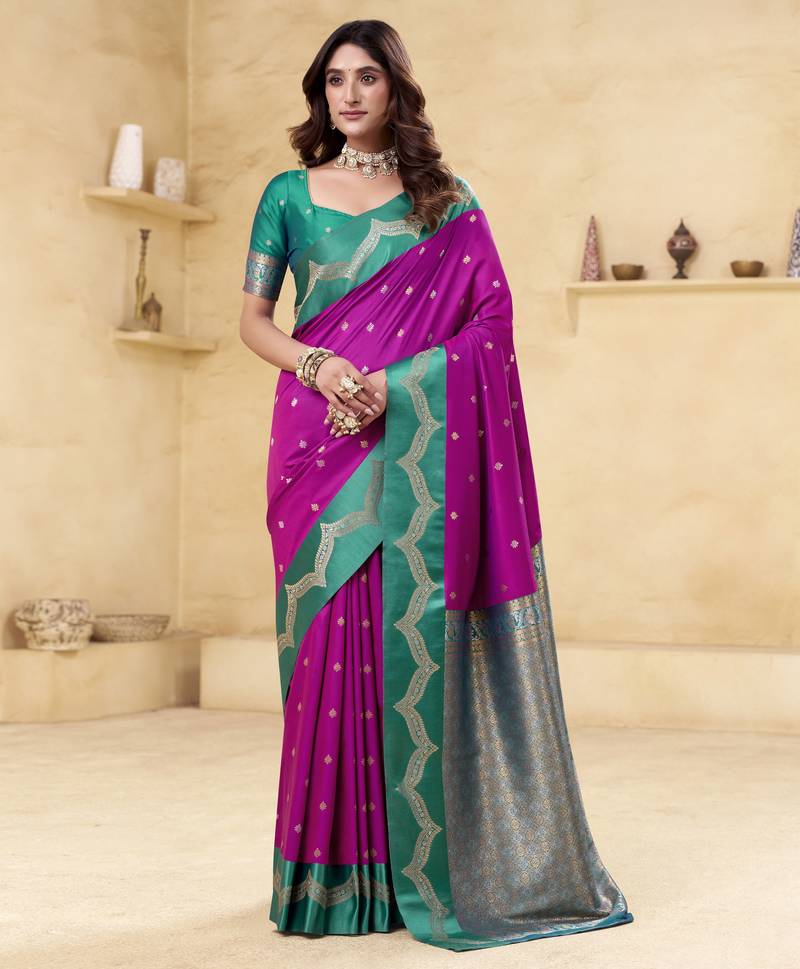 purple satin silk blend woven saree with unstitched blouse piece