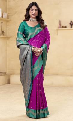 purple satin silk blend woven saree with unstitched blouse piece 2