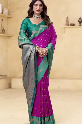 purple satin silk blend woven saree with unstitched blouse piece