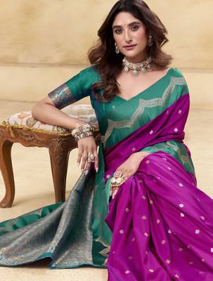 purple satin silk blend woven saree with unstitched blouse piece 3