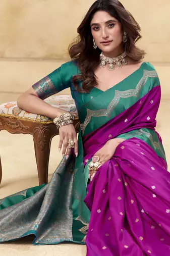 purple satin silk blend woven saree with unstitched blouse piece