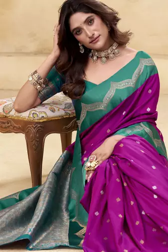 purple satin silk blend woven saree with unstitched blouse piece