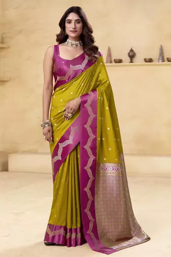 mehendi satin silk blend woven saree with unstitched blouse piece