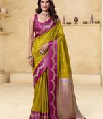 mehendi satin silk blend woven saree with unstitched blouse piece