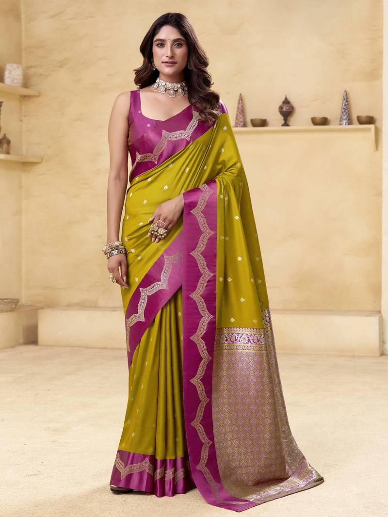 mehendi satin silk blend woven saree with unstitched blouse piece