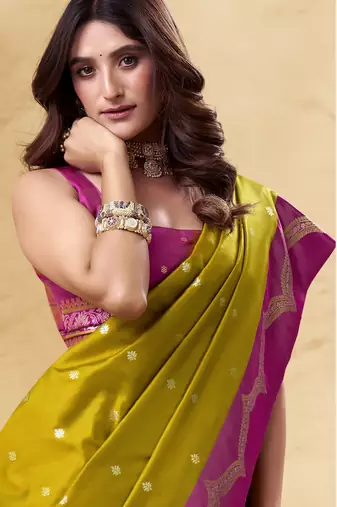 mehendi satin silk blend woven saree with unstitched blouse piece