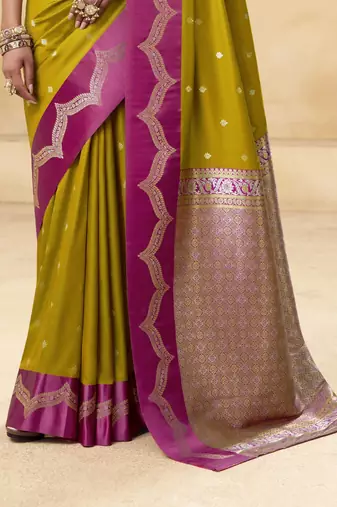 mehendi satin silk blend woven saree with unstitched blouse piece