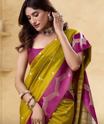 mehendi satin silk blend woven saree with unstitched blouse piece 4
