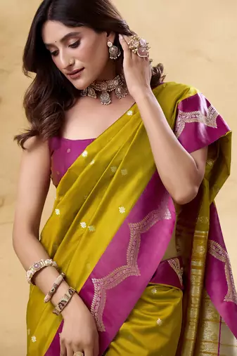 mehendi satin silk blend woven saree with unstitched blouse piece