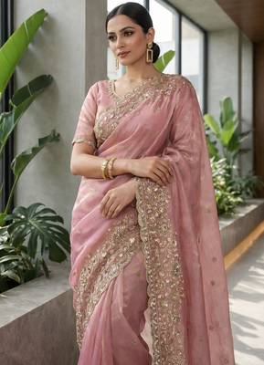 Pink Color Beautiful Embroidery detailling Satin Silk Saree 1