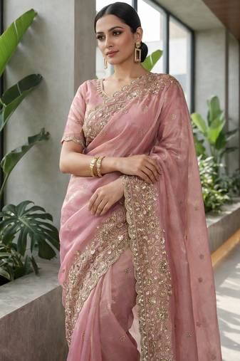 Pink Color Beautiful Embroidery detailling Satin Silk Saree