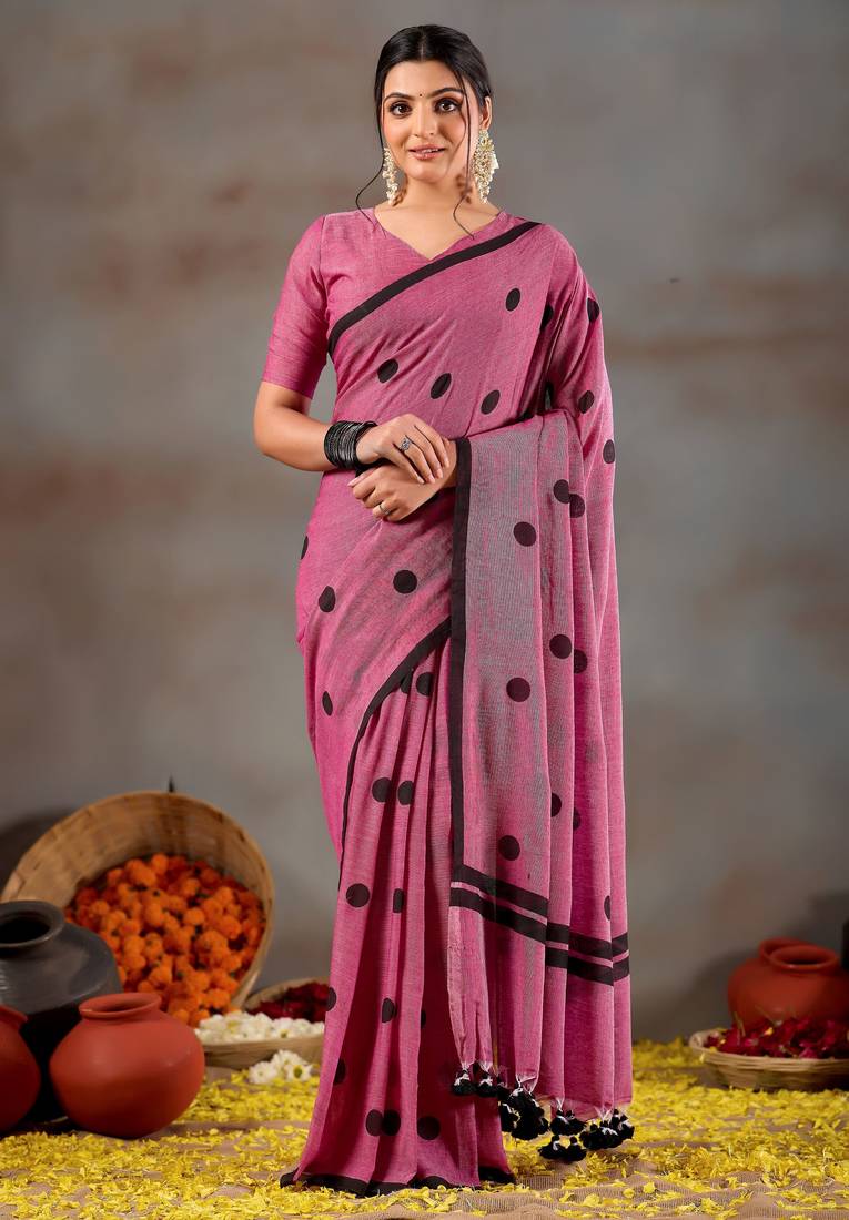 Raag varnam pink handloom print cotton saree