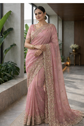 Pink Color Beautiful Embroidery detailling Satin Silk Saree 2