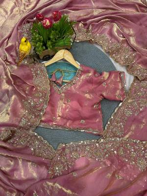 Pink Color Beautiful Embroidery detailling Satin Silk Saree 3